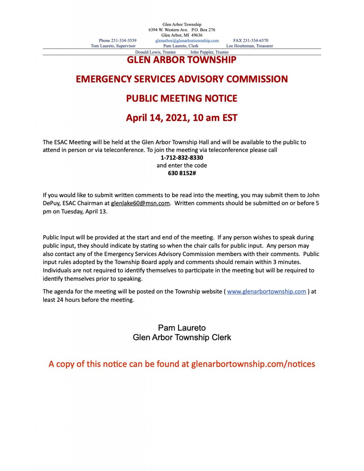 ESAC meeting Notice 4.14.21 – Glen Arbor Township